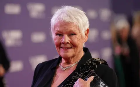 Dame Judi Dench, eine Ikone der Filme von Judi Dench, lächelt auf dem roten Teppich. Sie trägt eine schwarze Jacke, eine Diamantkette und hält eine glitzernde Clutch.