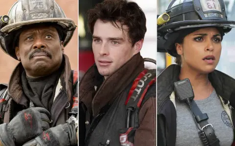 Drei Feuerwehrmänner der Besetzung von Chicago Fire in voller Montur.