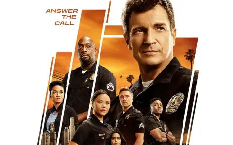 Das Plakat zur **the rookie staffel 5** zeigt das Team in Uniform vor einem sonnenuntergangroten Himmel.