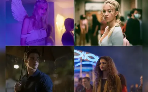 Die Besetzung von Euphoria: Hunter Schafer als Engel, Sydney Sweeney im Schulflur, Jacob Elordi im Regen und Zendaya auf einem Jahrmarkt.