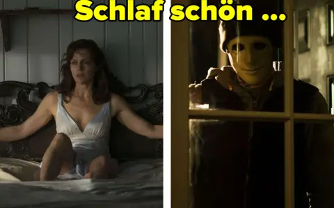 Eine Frau im Bett, im Hintergrund ein maskierter Mann, der durch ein Fenster schaut. Ein bedrohlicher Moment aus einem Escape Room Film.