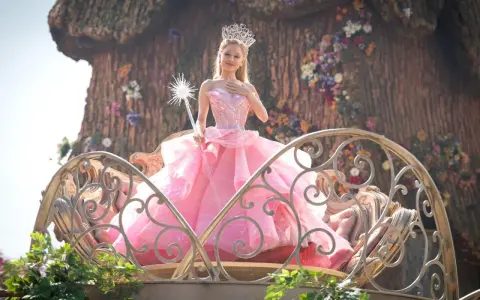 Ariana Grande als Glinda im Film "Wicked", in einem rosa Ballkleid und mit Zauberstab.