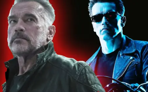 Zwei Arnold Schwarzeneggers: ein älterer, gezeichneter Mann und ein junger Terminator mit roten Augen, die an Terminator: Dark Fate erinnern.