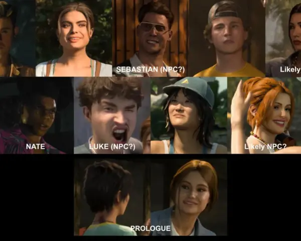Die Besetzung von Disturbia: Porträts von Nate, Luke, Sebastian und anderen Charakteren, die auf ihre Rollen als NPCs oder Hauptfiguren hinweisen.