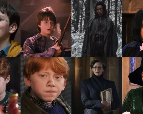 Collage zeigt die Harry Potter Serie Cast: junge Darsteller, Harry, Ron, Snape, McGonagall und andere.