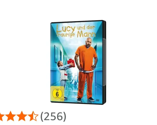 DVD-Cover "Lucy und der traurige Mann": Ein kleines Mädchen schenkt einem Mann in orangefarbener Kleidung ein Geschenk.