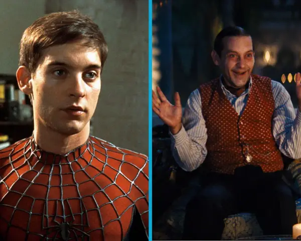 Tobey Maguire als Spider-Man im roten Anzug und als Peter Parker in einem roten Weste. Besetzung von Spider-Man (Film).