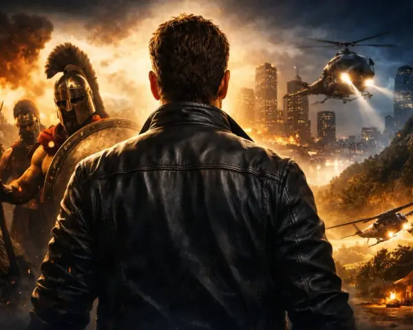 Gerard Butler in einem Lederjacken-Look, der sich einer antiken Schlacht und modernen Helikoptern gegenübersieht. Ein episches Abenteuer, wie in seinen Filmen.
