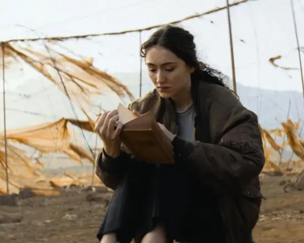 Eine junge Frau liest in einem alten Buch, umgeben von verwitterten Netzen. Ein Moment der Ruhe in der Welt von Oderbruch Staffel 3.
