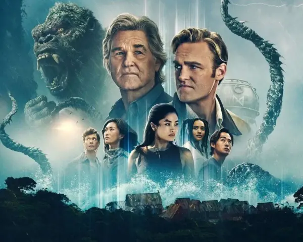 King Kong brüllt, während die MONARCH Staffel 2-Besetzung vor einer stürmischen Kulisse und einem tentakelartigen Monster steht.