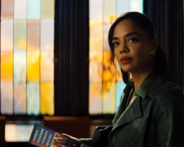 Tessa Thompson in einem grünen Mantel, mit einem Heft in der Hand, vor einem bunten Fenster. Ein Blick auf ihre Rolle in Filmen von Tessa Thompson.