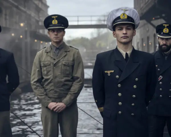 Vier Männer in Uniformen, die an die Zeit von "Das Boot Staffel 3" erinnern, stehen nebeneinander.