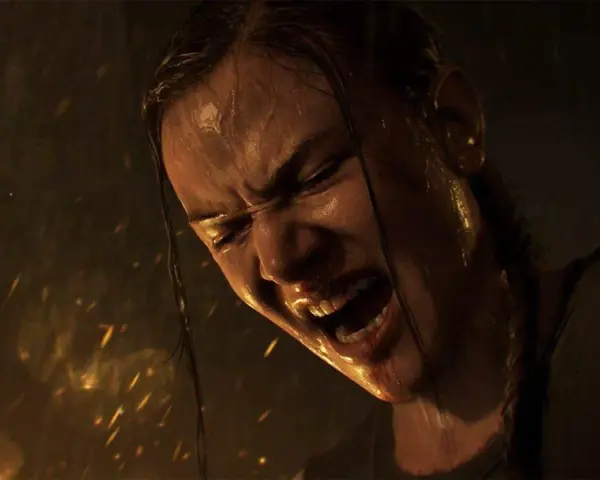 Ellie schreit vor Schmerz und Anstrengung, Schweiß und Blut auf ihrem Gesicht. Die Szene deutet auf die emotionale Intensität von "The Last of Us Staffel 3" hin.