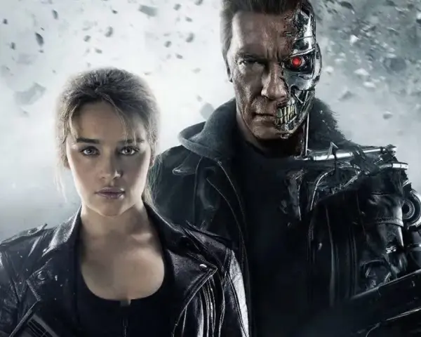 Sarah Connor und der Terminator (Arnold Schwarzenegger) im Kampf gegen die Maschinen. Die Besetzung von Terminator ist ikonisch.