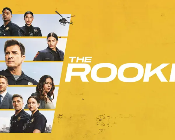 Die Hauptcharaktere der Serie "The Rookie" Staffel 6, darunter Polizisten und ein Hubschrauber, vor einem gelben Hintergrund.