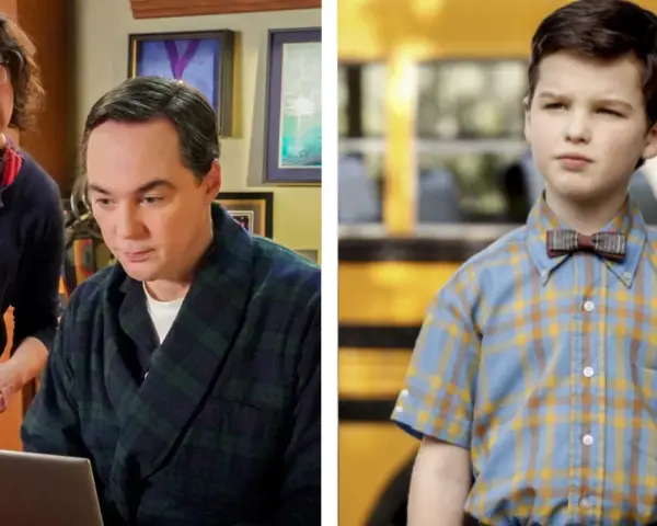 Die Besetzung von Young Sheldon: Sheldon Cooper als Kind und Erwachsener, mit seiner Mutter Mary.