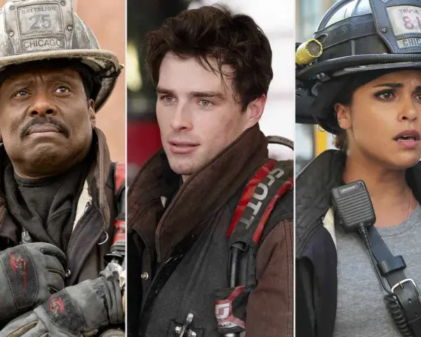 Drei Feuerwehrmänner der Besetzung von Chicago Fire in voller Montur.