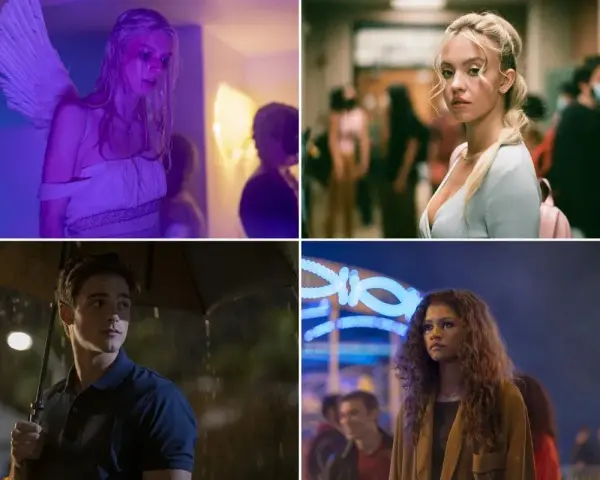 Die Besetzung von Euphoria: Hunter Schafer als Engel, Sydney Sweeney im Schulflur, Jacob Elordi im Regen und Zendaya auf einem Jahrmarkt.