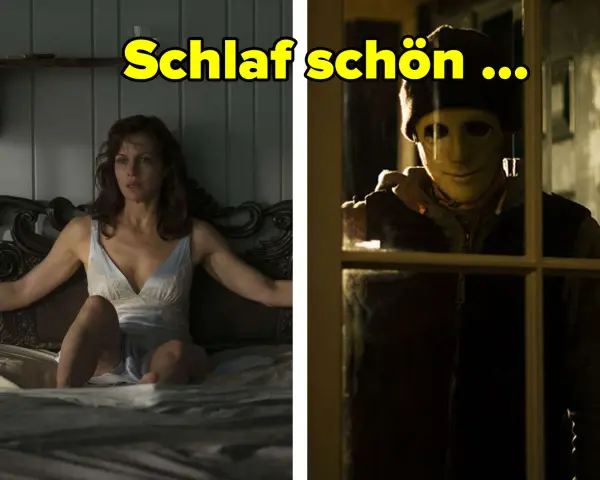 Eine Frau im Bett, im Hintergrund ein maskierter Mann, der durch ein Fenster schaut. Ein bedrohlicher Moment aus einem Escape Room Film.