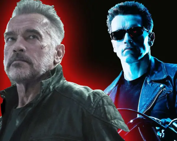 Zwei Arnold Schwarzeneggers: ein älterer, gezeichneter Mann und ein junger Terminator mit roten Augen, die an Terminator: Dark Fate erinnern.