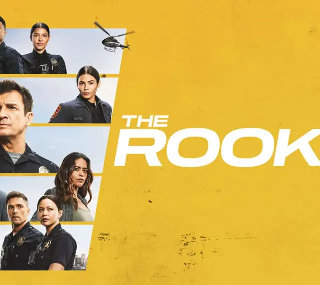 Die Hauptcharaktere der Serie "The Rookie" Staffel 6, darunter Polizisten und ein Hubschrauber, vor einem gelben Hintergrund.