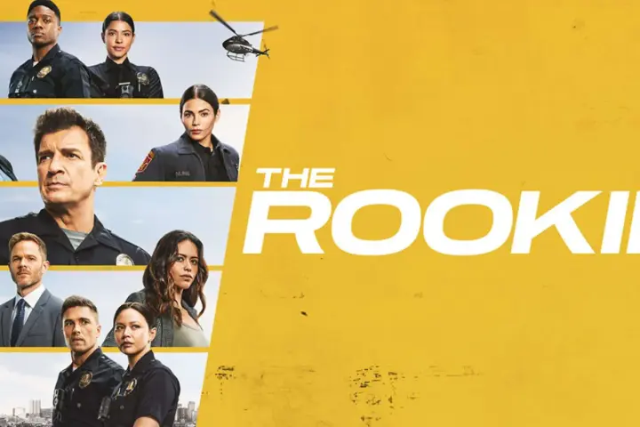 Die Hauptcharaktere der Serie "The Rookie" Staffel 6, darunter Polizisten und ein Hubschrauber, vor einem gelben Hintergrund.