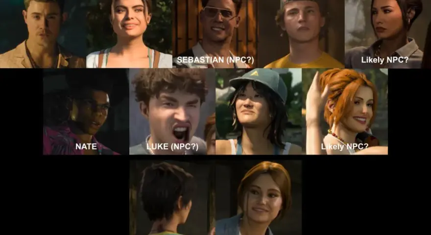 Die Besetzung von Disturbia: Porträts von Nate, Luke, Sebastian und anderen Charakteren, die auf ihre Rollen als NPCs oder Hauptfiguren hinweisen.