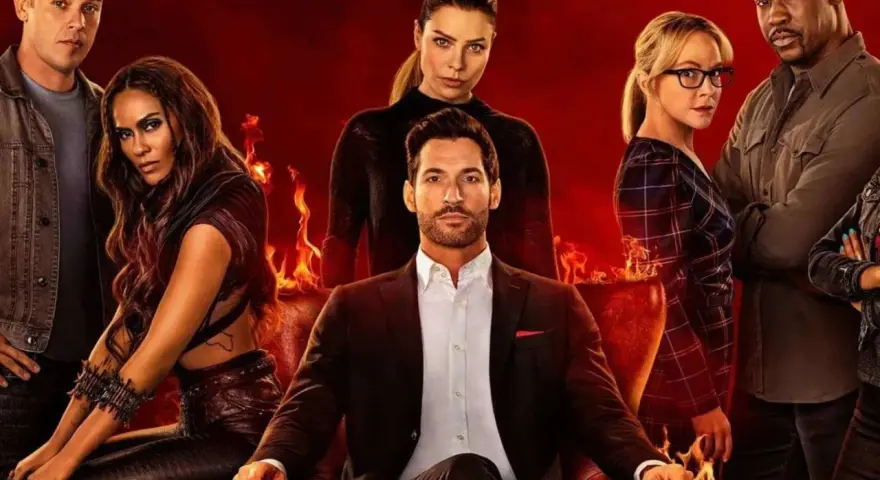 Die Besetzung von Lucifer: Tom Ellis als Lucifer Morningstar sitzt im Sessel, umgeben von seinen Freunden und Feinden vor feurigem Hintergrund.