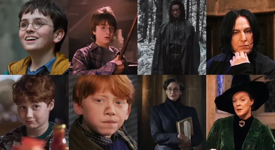 Collage zeigt die Harry Potter Serie Cast: junge Darsteller, Harry, Ron, Snape, McGonagall und andere.