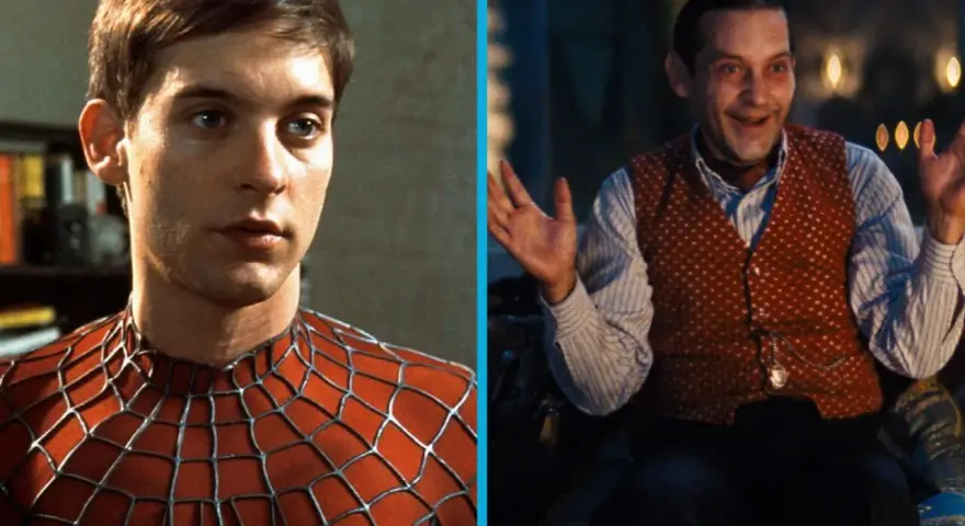 Tobey Maguire als Spider-Man im roten Anzug und als Peter Parker in einem roten Weste. Besetzung von Spider-Man (Film).