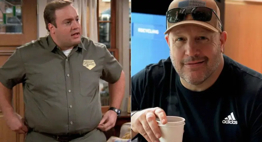 Kevin James, bekannt aus der Besetzung von King of Queens, einmal im Arbeitshemd, einmal mit Kappe und Sonnenbrille.