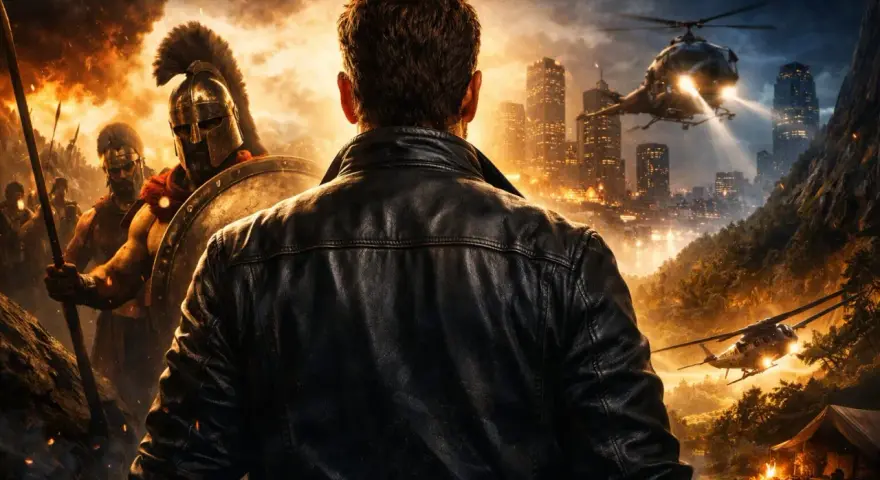 Gerard Butler in einem Lederjacken-Look, der sich einer antiken Schlacht und modernen Helikoptern gegenübersieht. Ein episches Abenteuer, wie in seinen Filmen.