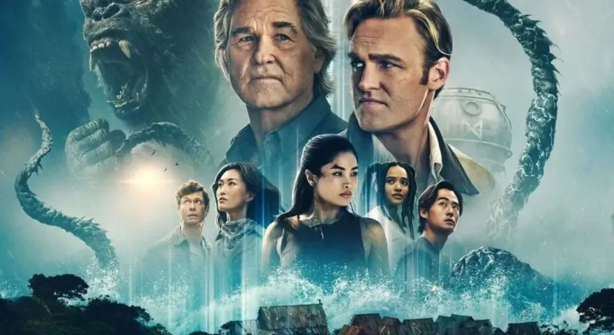 King Kong brüllt, während die MONARCH Staffel 2-Besetzung vor einer stürmischen Kulisse und einem tentakelartigen Monster steht.