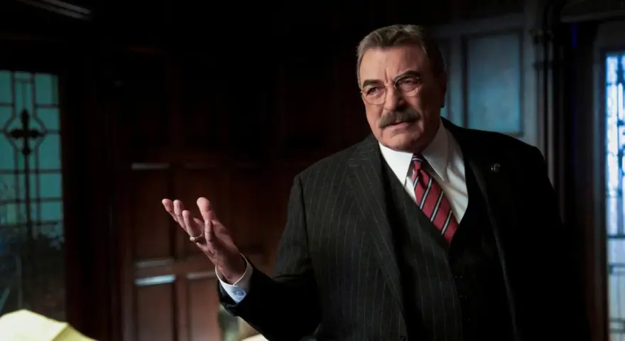 Frank Reagan in Blue Bloods Staffel 14, mit gestreiftem Anzug und Krawatte, erklärt etwas mit erhobener Hand.