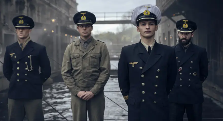 Vier Männer in Uniformen, die an die Zeit von "Das Boot Staffel 3" erinnern, stehen nebeneinander.