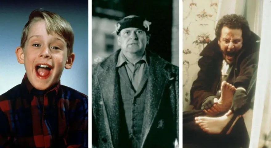 Kevin McCallister und die Einbrecher Harry und Marv aus der Besetzung von Kevin – Allein zu Haus.