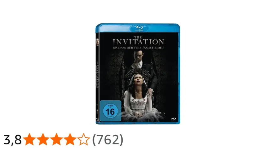 Blu-ray-Cover "The Invitation - Bis dass der Tod uns scheidet". Ein Mann in einem Anzug hält eine Frau in einem Brautkleid.