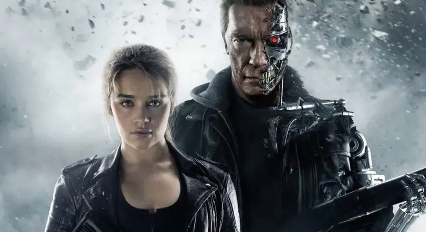 Sarah Connor und der Terminator (Arnold Schwarzenegger) im Kampf gegen die Maschinen. Die Besetzung von Terminator ist ikonisch.