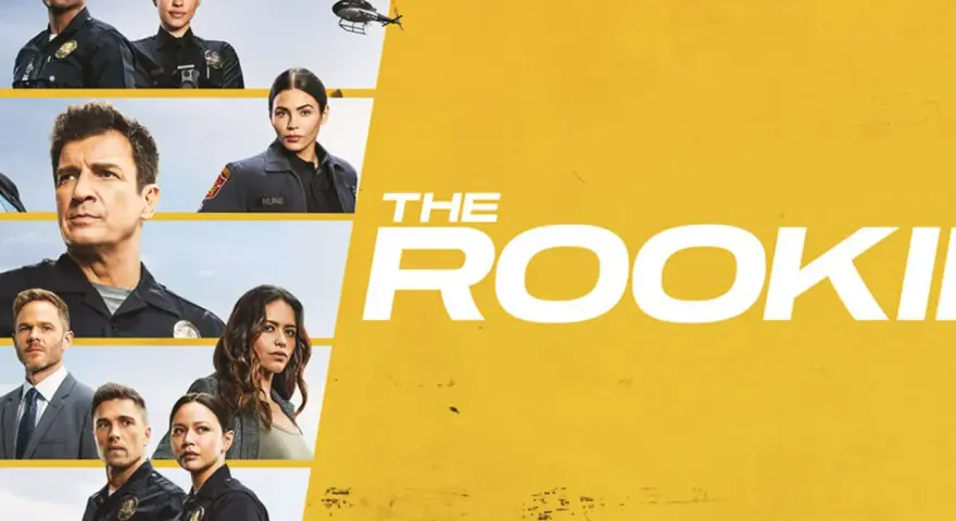Die Hauptcharaktere der Serie "The Rookie" Staffel 6, darunter Polizisten und ein Hubschrauber, vor einem gelben Hintergrund.