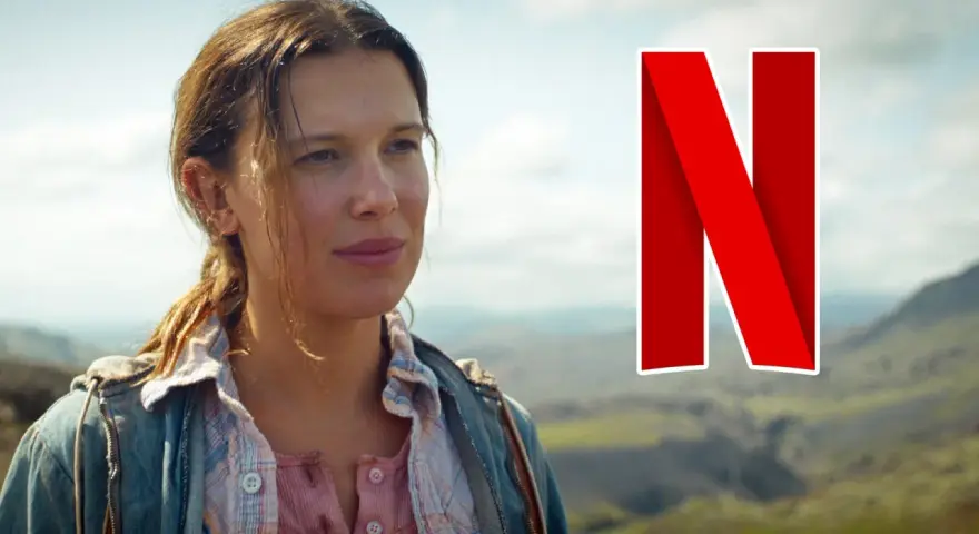 Millie Bobby Brown als Eleven im "Stranger Things"-Finale, bereit für den Kampf. Das Netflix-Logo prangt daneben.