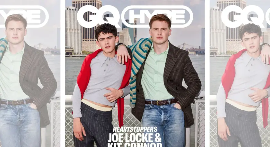 Joe Locke und Kit Connor, die Hauptdarsteller von Heartstopper, posieren für ein GQ Hype Cover vor New Yorker Wolkenkratzern.