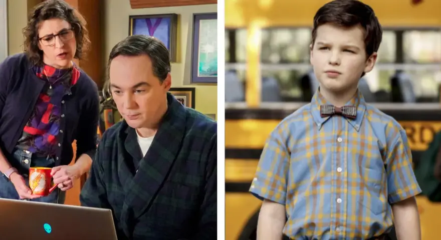 Die Besetzung von Young Sheldon: Sheldon Cooper als Kind und Erwachsener, mit seiner Mutter Mary.