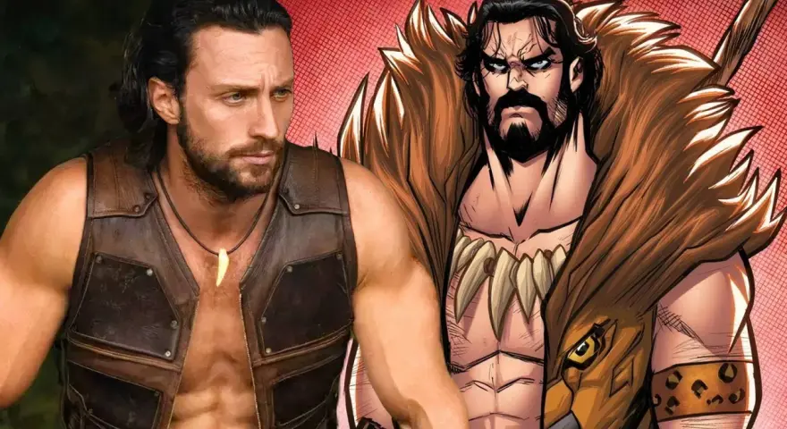 Aaron Taylor-Johnson als Kraven the Hunter, neben einer Comic-Darstellung des Jägers mit Fellkragen und Zahnkette.