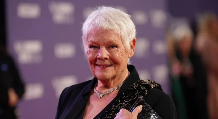 Dame Judi Dench, eine Ikone der Filme von Judi Dench, lächelt auf dem roten Teppich. Sie trägt eine schwarze Jacke, eine Diamantkette und hält eine glitzernde Clutch.