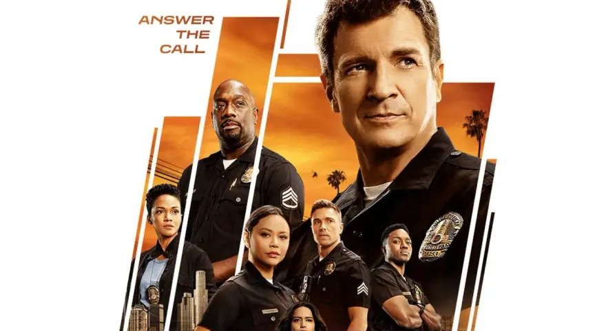 Das Plakat zur **the rookie staffel 5** zeigt das Team in Uniform vor einem sonnenuntergangroten Himmel.