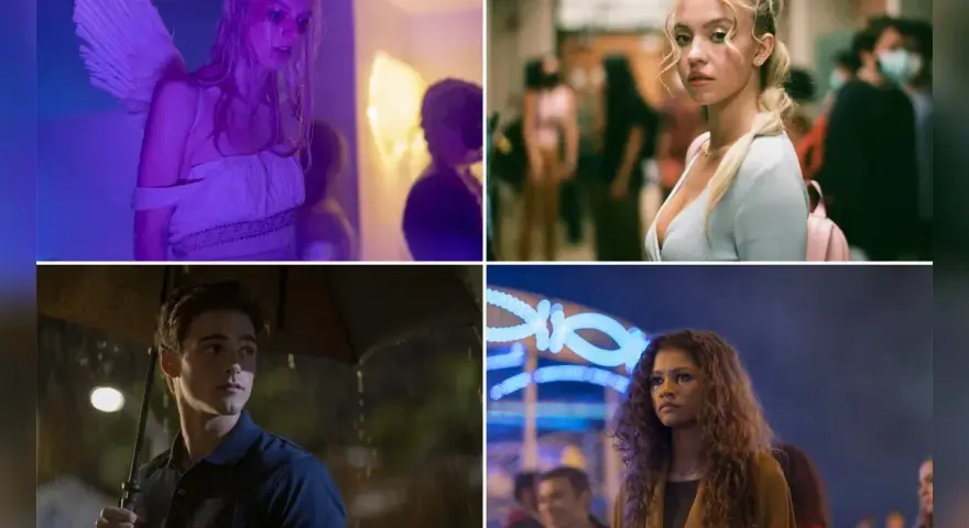 Die Besetzung von Euphoria: Hunter Schafer als Engel, Sydney Sweeney im Schulflur, Jacob Elordi im Regen und Zendaya auf einem Jahrmarkt.