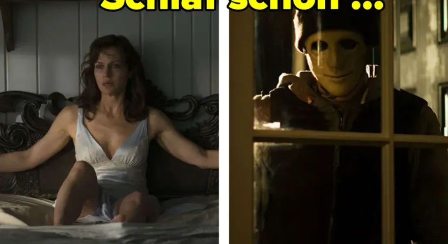 Eine Frau im Bett, im Hintergrund ein maskierter Mann, der durch ein Fenster schaut. Ein bedrohlicher Moment aus einem Escape Room Film.