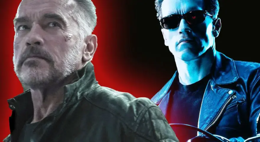 Zwei Arnold Schwarzeneggers: ein älterer, gezeichneter Mann und ein junger Terminator mit roten Augen, die an Terminator: Dark Fate erinnern.