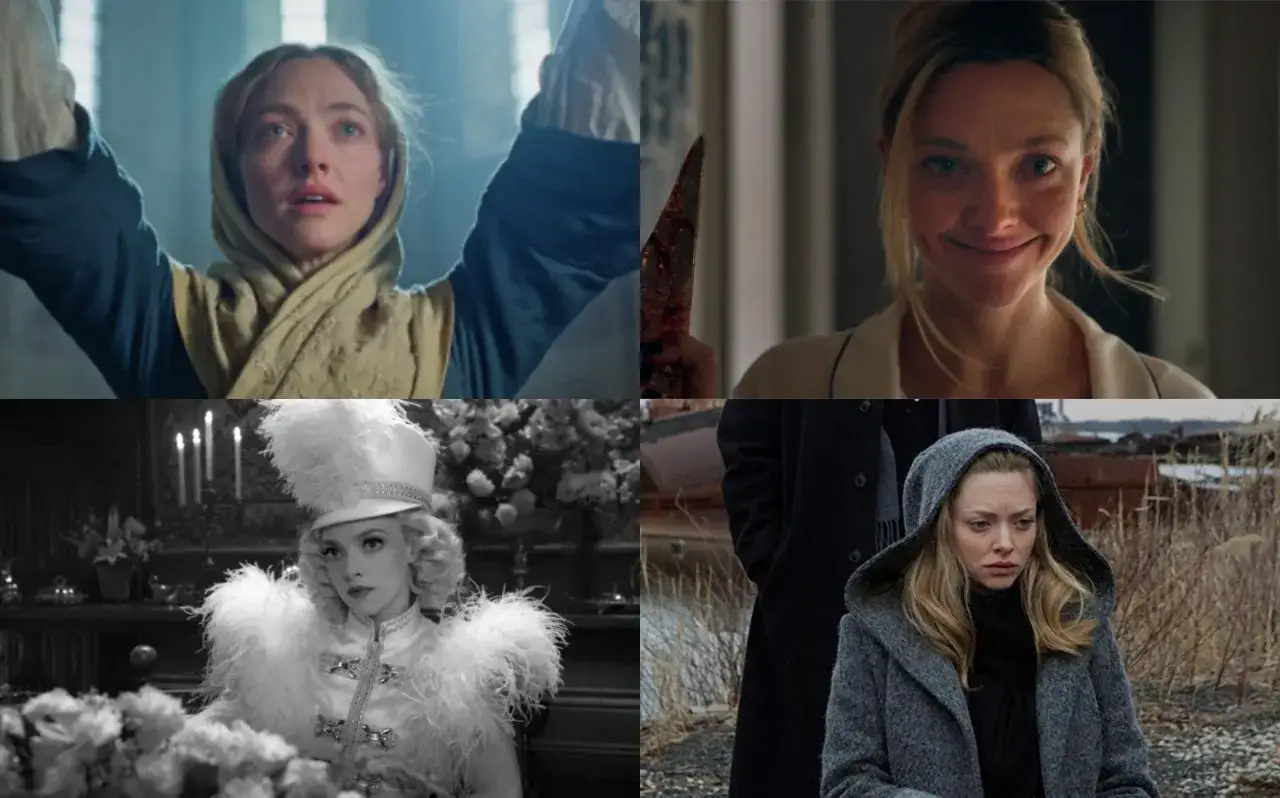 Vier Szenen aus Filme von Amanda Seyfried: eine Frau mit erhobenen Armen, eine mit einem blutigen Messer, eine in einem Zirkuskostüm und eine in einem grauen Mantel.