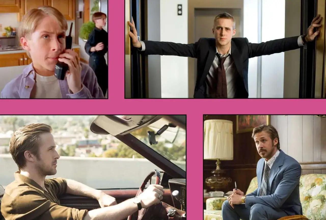 Vier Szenen aus Filme von Ryan Gosling: jung am Telefon, im Anzug im Aufzug, am Steuer eines Cabrios und im Anzug auf einem Sofa.